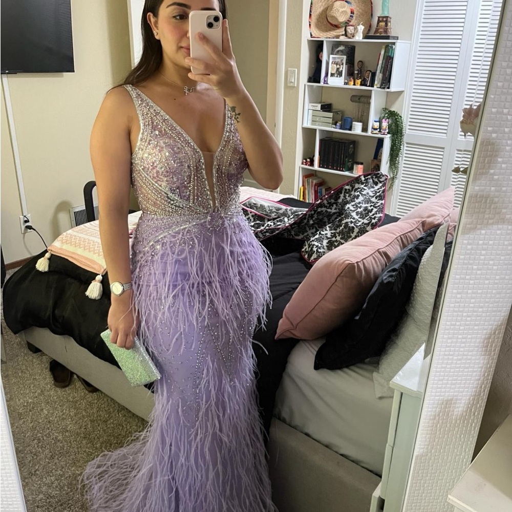 Jovani Lavender Beaded Feathered Prom Gown
